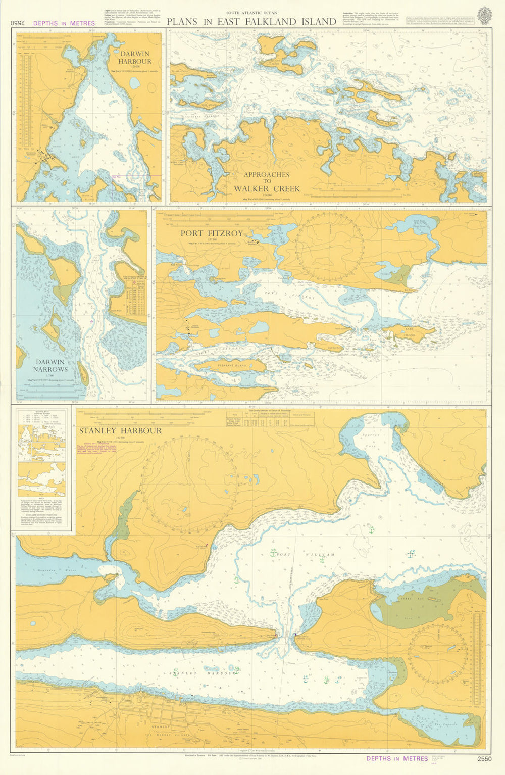 East Falkland Island harbours. Admiralty. Used in 1982 on HMS Glamorgan 1981 map