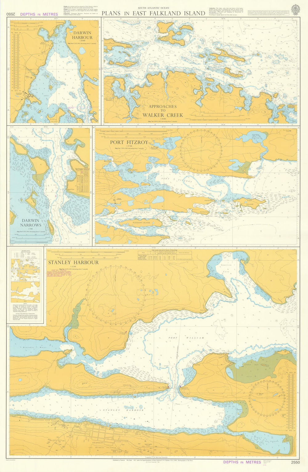 East Falkland Island harbours. Admiralty. Used in 1982 on HMS Glamorgan 1981 map