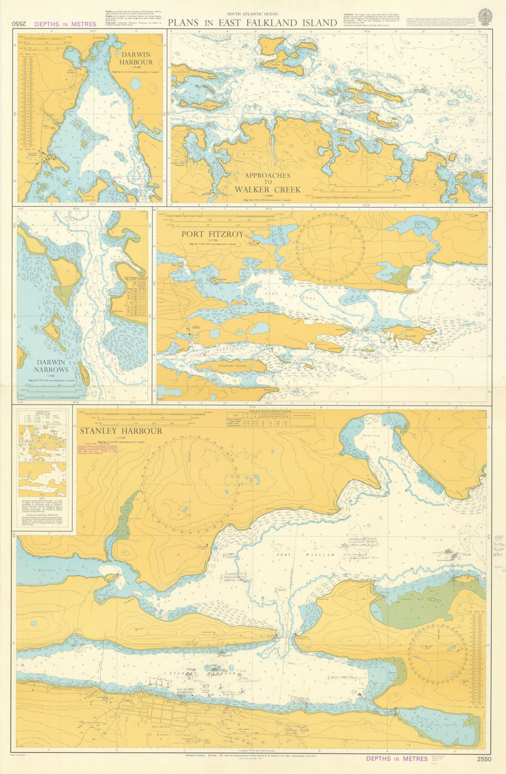 East Falkland Island harbours. Admiralty. Used in 1982 on HMS Glamorgan 1981 map