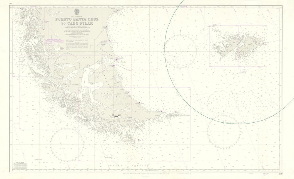 South America & Falklands war exclusion zone chart HMS Glamorgan 1966 (1982) map
