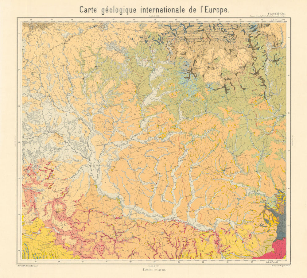 Geological map Belarus, North Ukraine, west Russia, Dnipro. BEYSCHLAG 1902