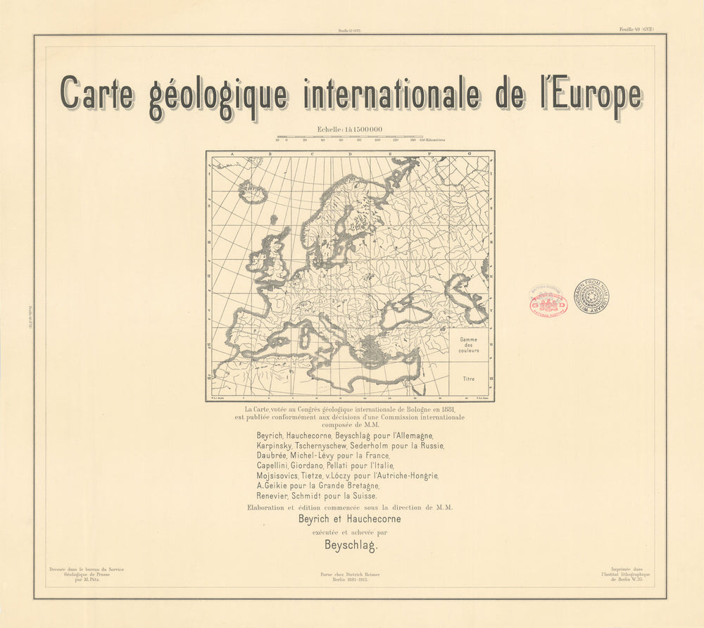 Geological key map Carte Geologique internationale de l'Europe 1913 old