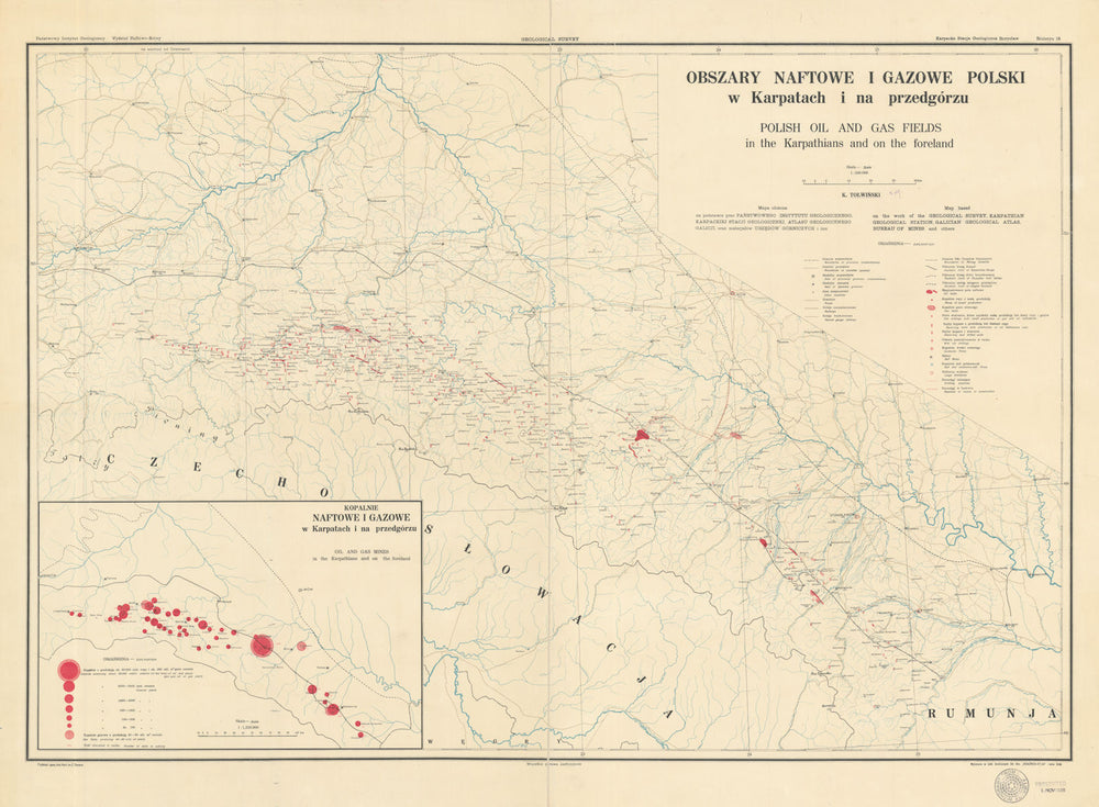Obszary naftowe i gazowe Polski w Karpatach Carpathian Oil & Gas fields 1928 map