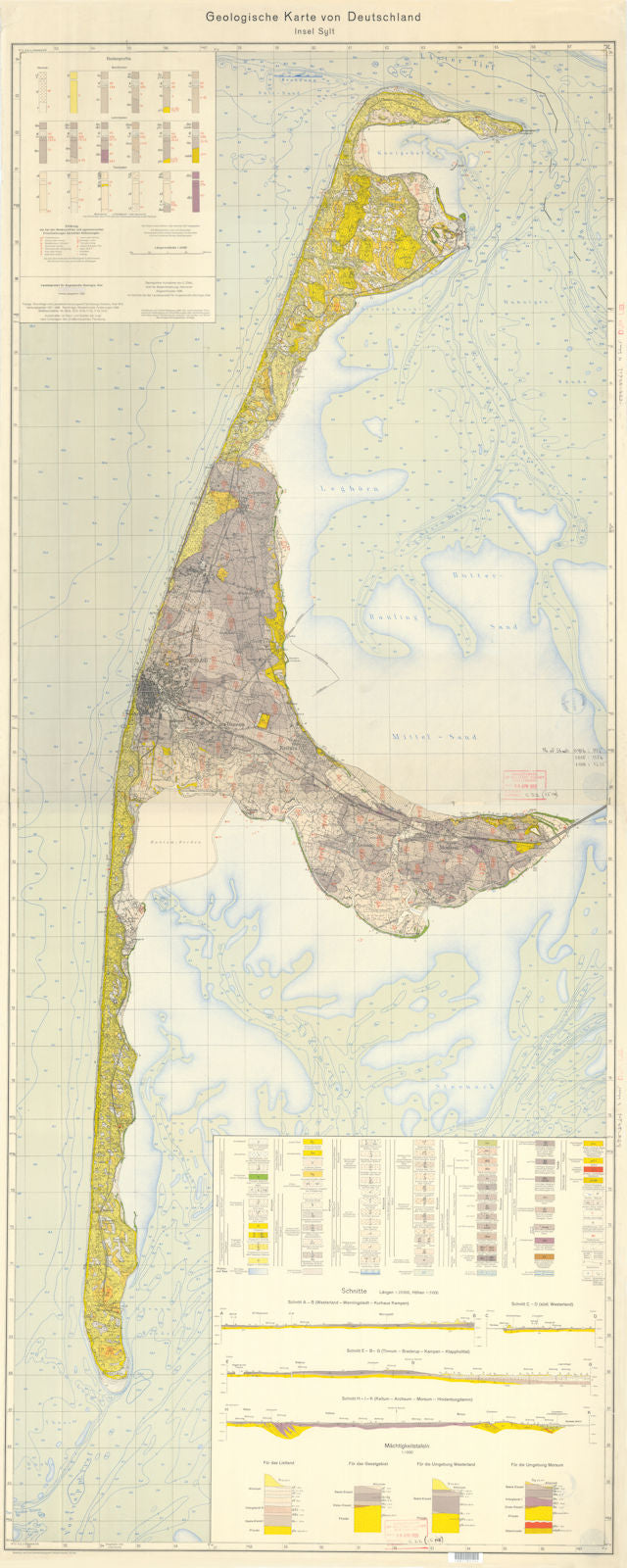 Insel Sylt. Geologische Karte von Deutschland. 170x68cm Geological map 1952