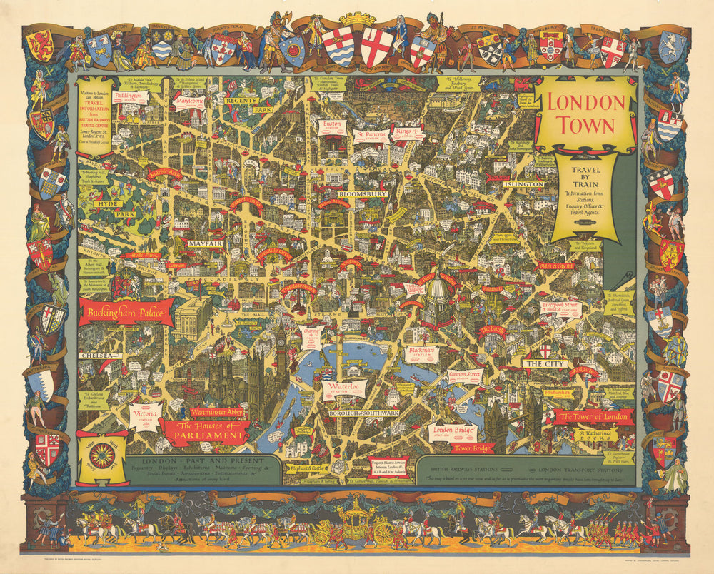 London Town - Travel by Train. 116x94cm Pictorial map by Kerry Lee c1953