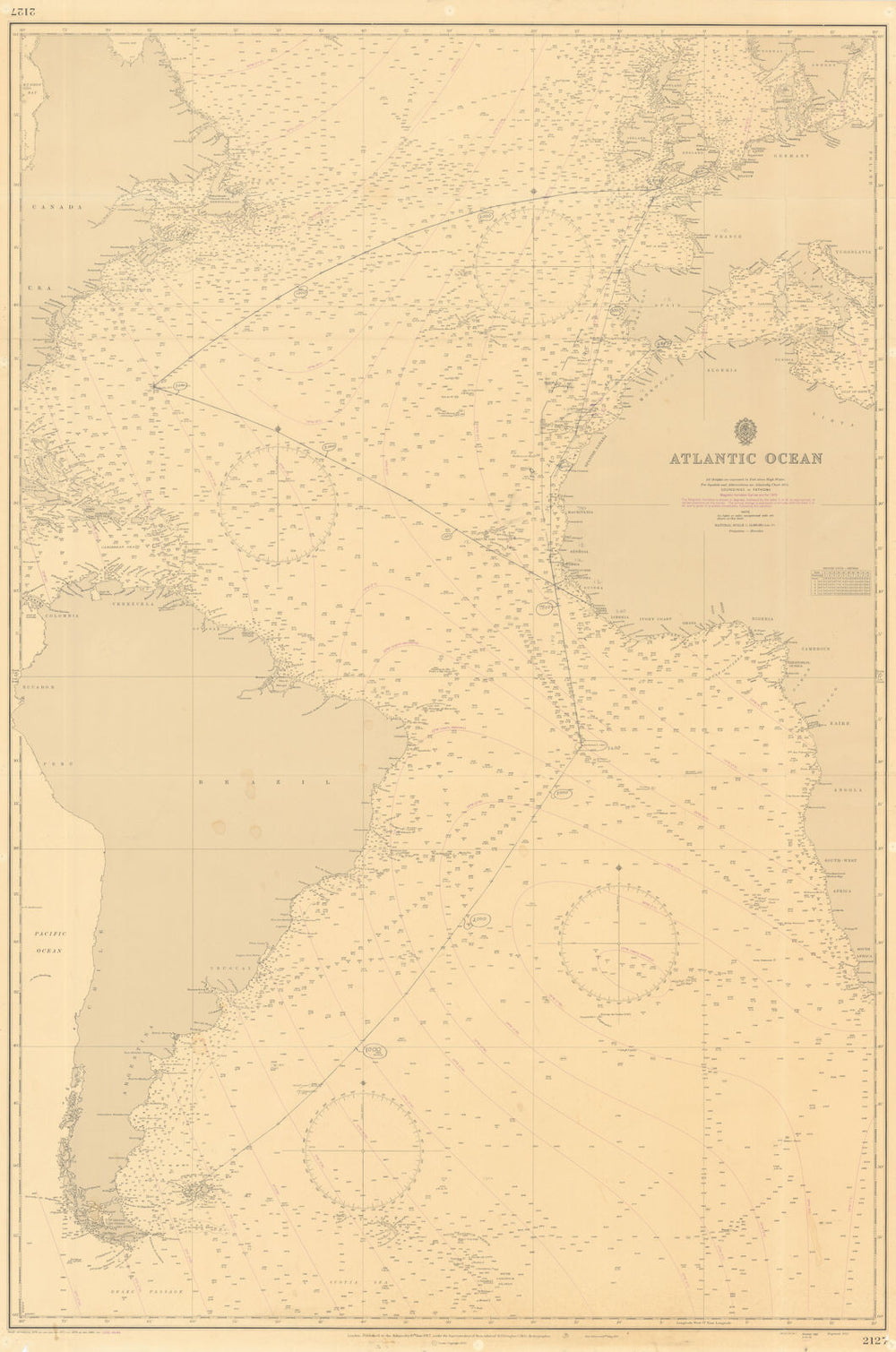 Atlantic Ocean. Admiralty sea chart #2127. 1927 (1982) old vintage map