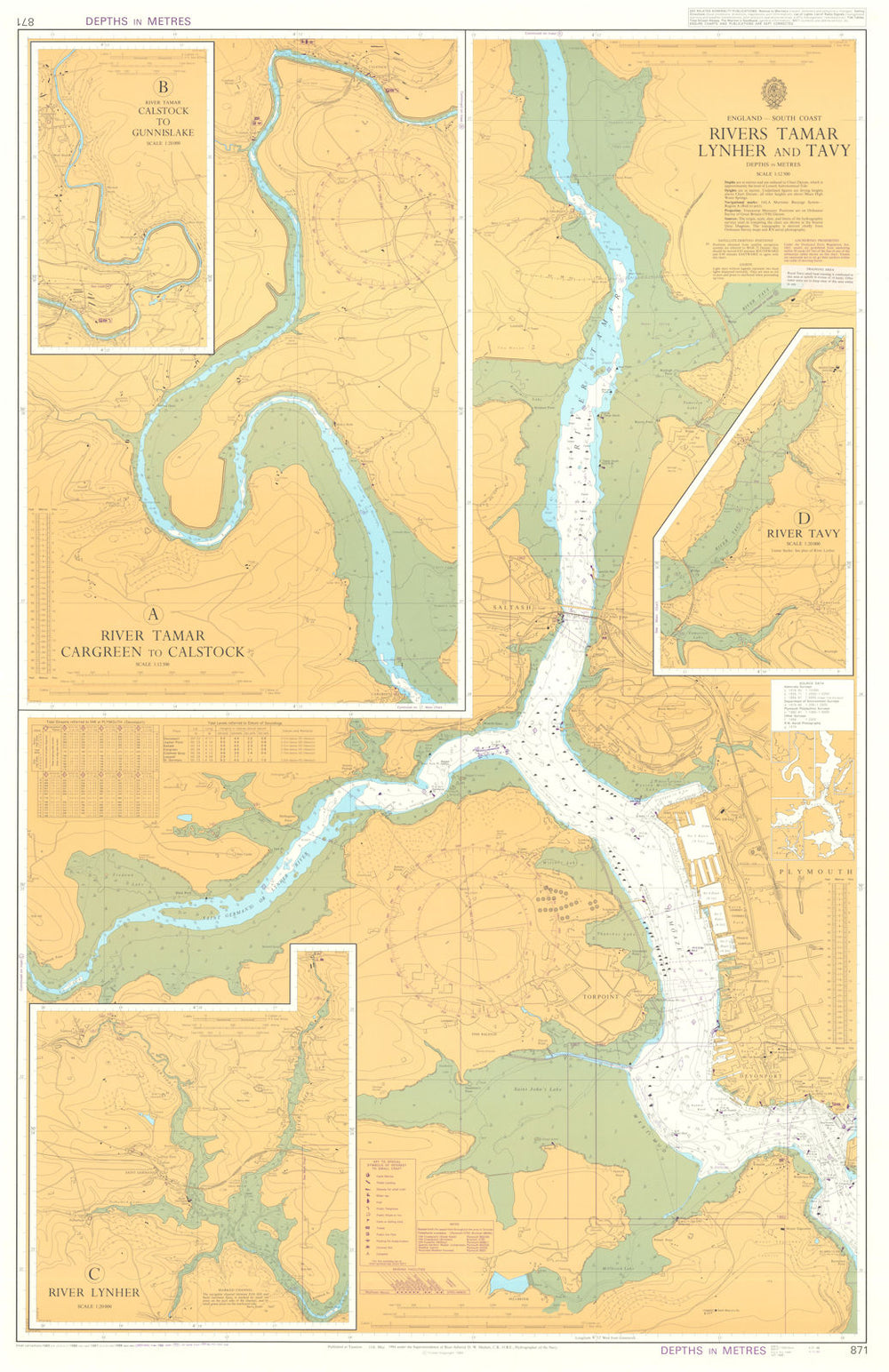 Devon Cornwall. Rivers Tamar Lynher Tavy. Admiralty chart #871. 1984 (1991) map