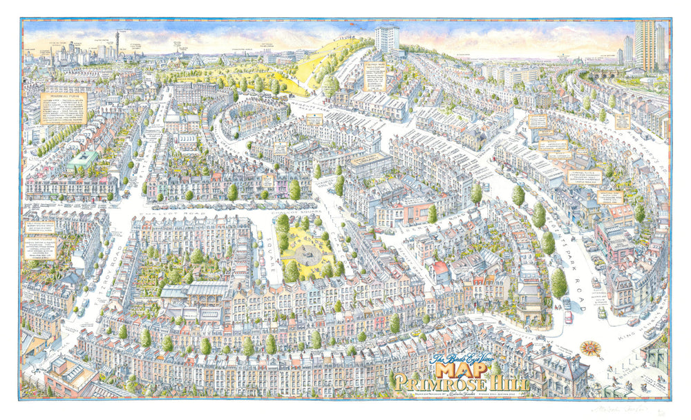 The Bird's-eye view map of Primrose Hill by Malcolm Fowler. 76x125cm 2005