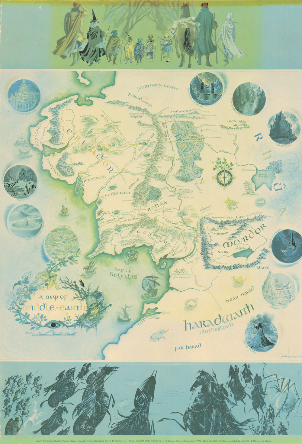 A map of Middle-earth by Pauline Baynes, JRR & CJR Tolkien. 73x50cm. 1970 (1974)