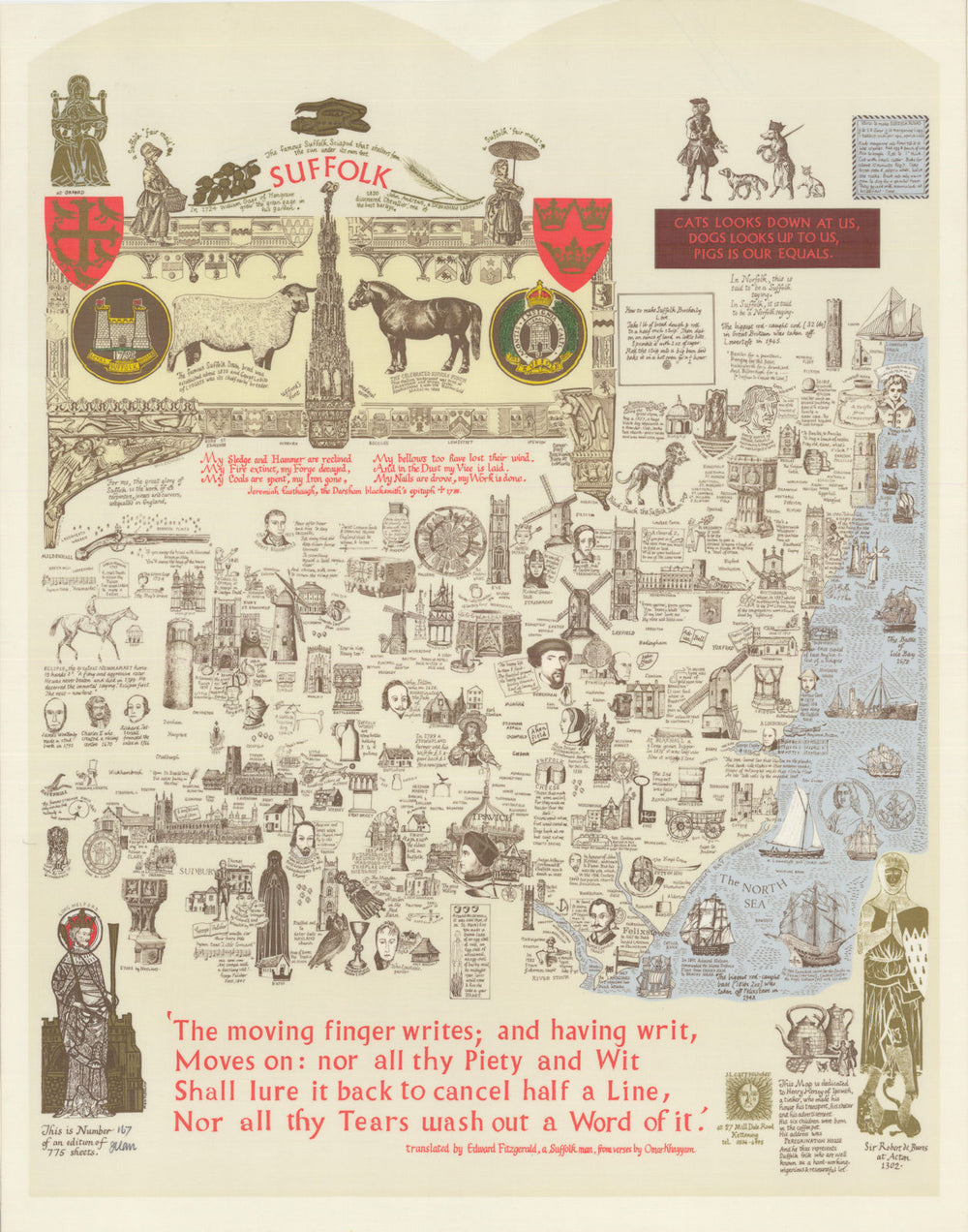 Suffolk miscellany pictorial county map by J.L. (Joseph Lloyd) Carr 1975