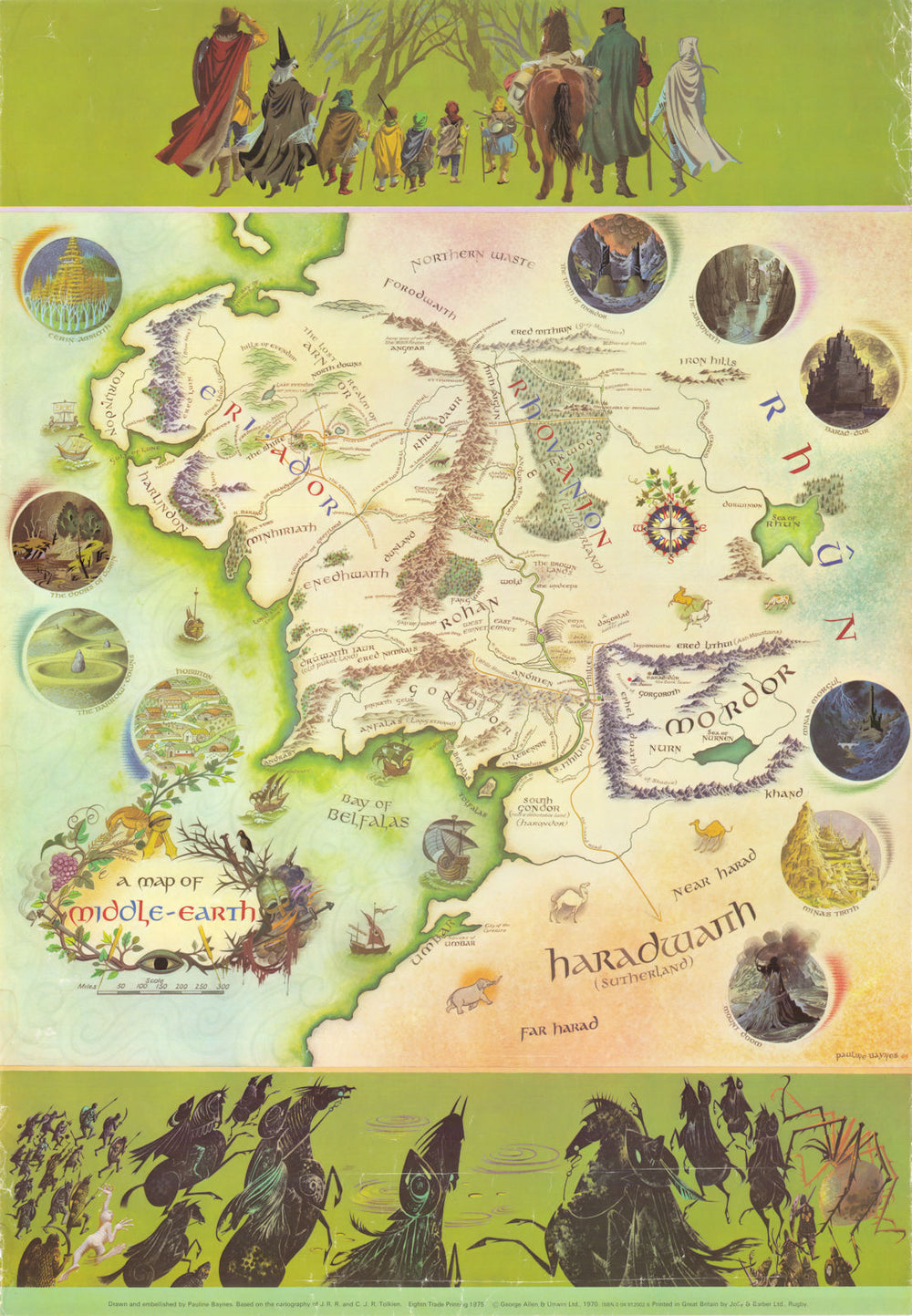 A map of Middle-earth by Pauline Baynes, JRR & CJR Tolkien. 73x50cm. 1970 (1975)
