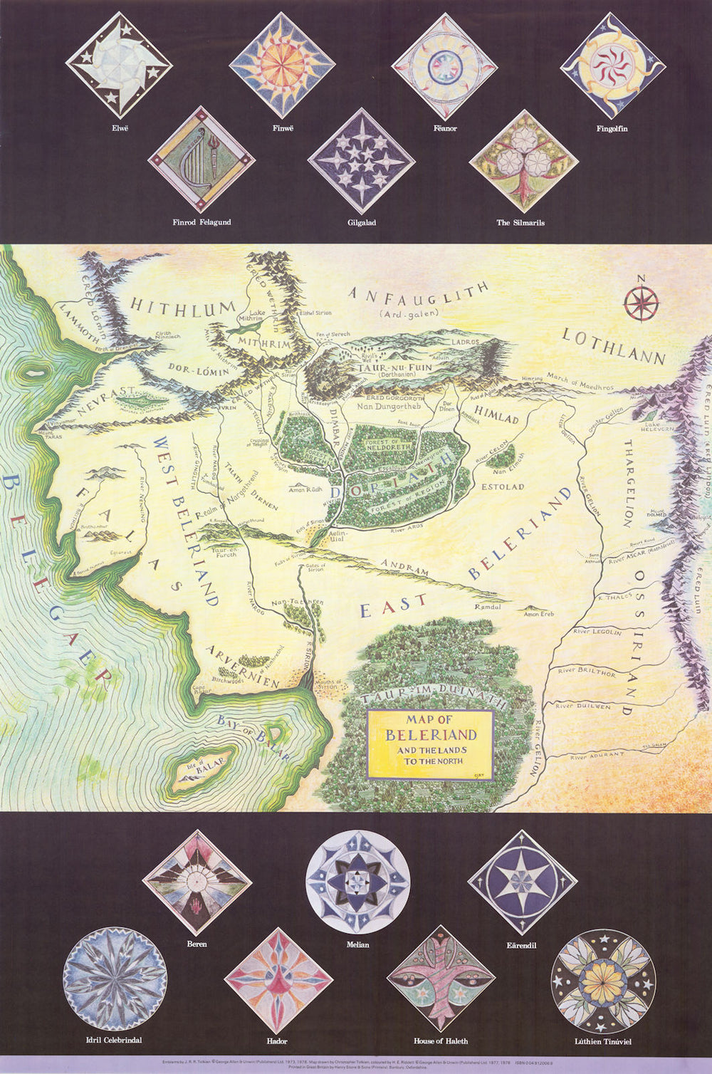 Map of Beleriand and the Lands to the North by JRR & CJR Tolkien. 75x50cm. 1978