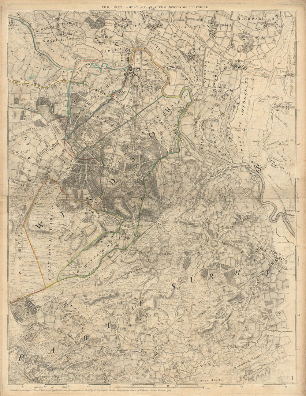 Thames Valley & Windsor Great Park. Eton Staines Chertsey Bray. Rocque 1761 map