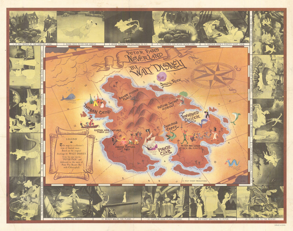 Peter Pan's Neverland fantasy movie promotional map by Walt Disney 1953 ...