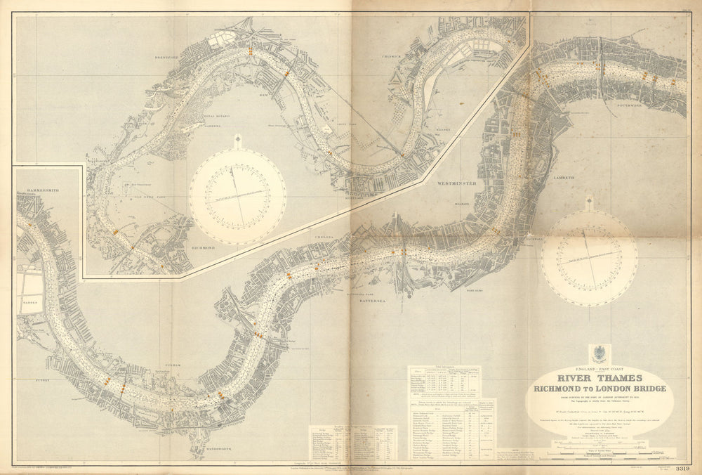 River Thames—Richmond to London Bridge Admiralty chart 3319. 1935 old map