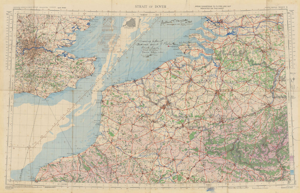 Strait of Dover—GSGS—RAF WW2—Signed by Bomber Harris + Dambuster pilots 1943 map