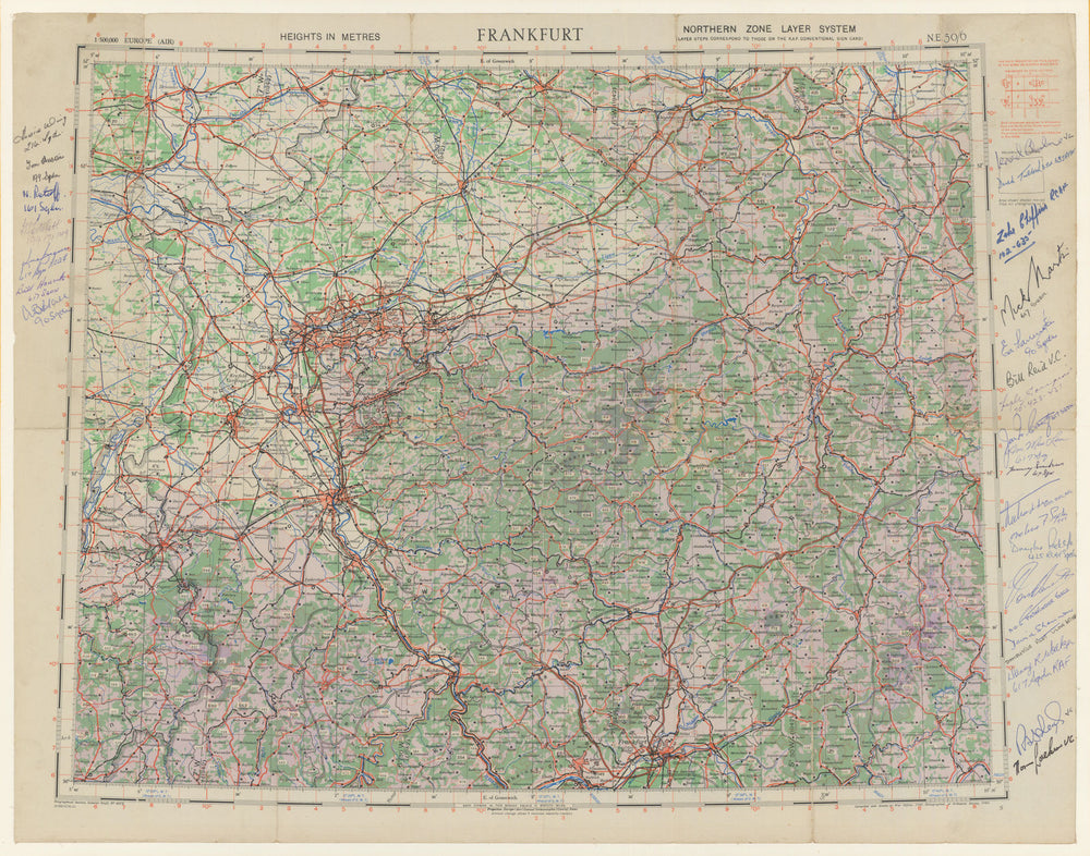 Frankfurt/Ruhr—GSGS—RAF WW2—Signed by 25 aircrew inc 3 VCs+6 Dambusters 1942 map