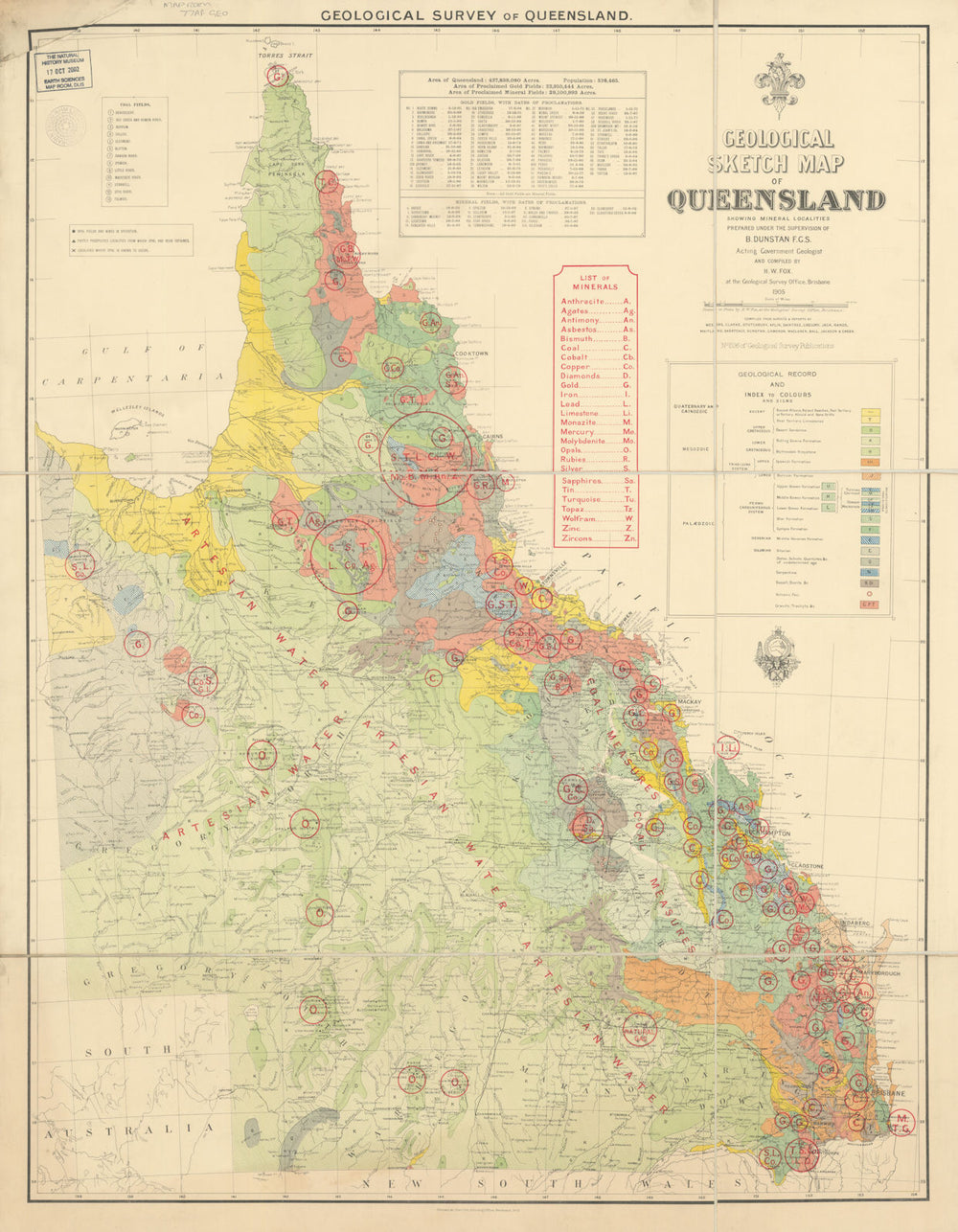 Geological Sketch Map of Queensland showing the mineral localities—Dunstan 1906