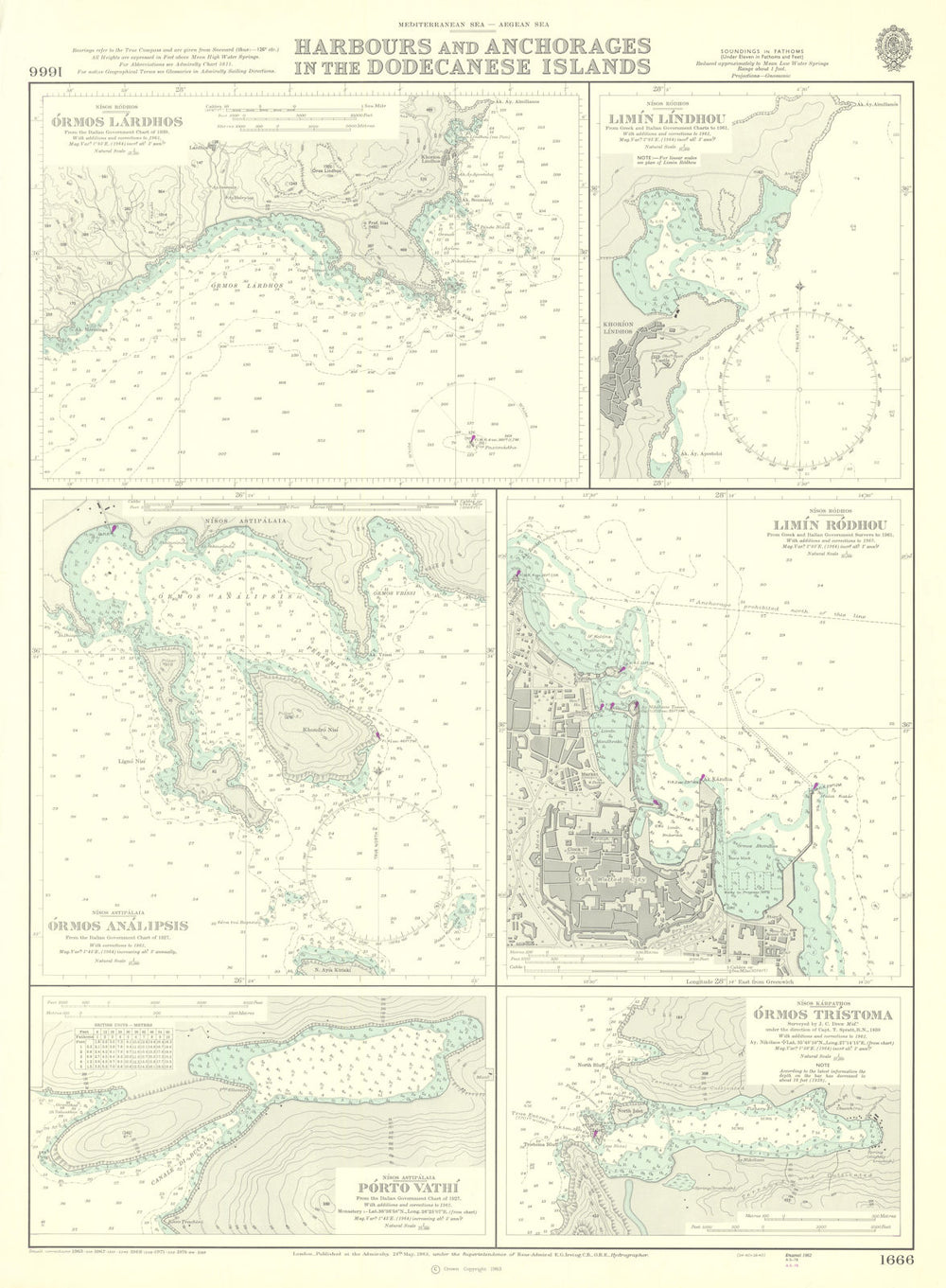 Dodecanese ports—Rhodes—Astypalea—Karpathos—1666 Admiralty chart 1963 (1976) map