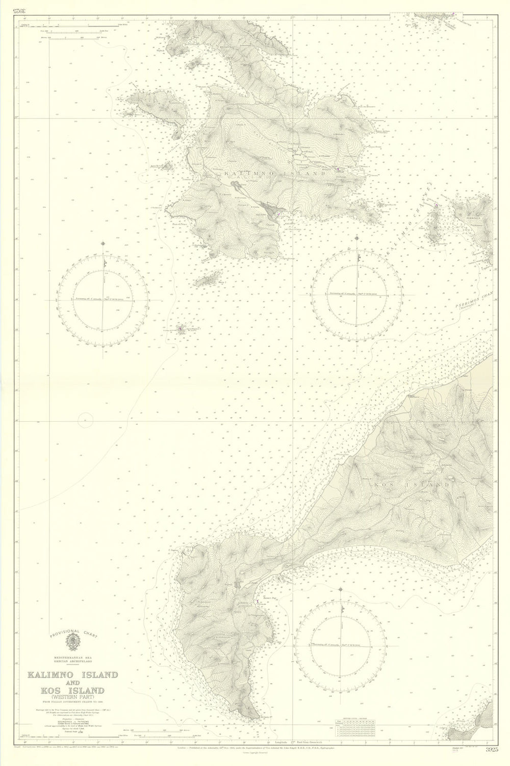 Dodecanese—Kalymnos & Kos Islands—3925 Admiralty chart 1944 (1964) old map
