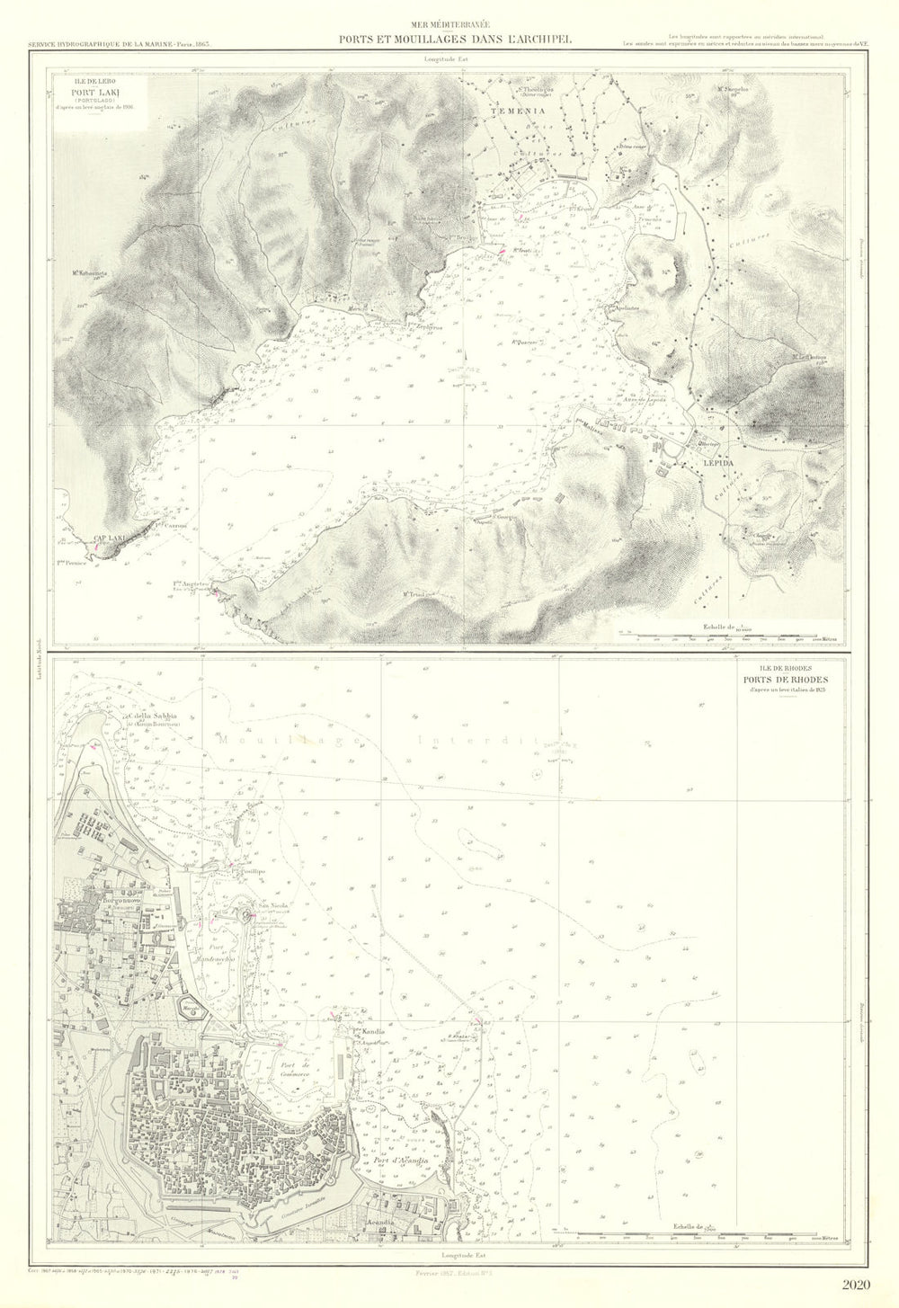 Aegean—Island of Leros—Port Lakki—Port of Rhodes—nautical chart 1863 (1978) map