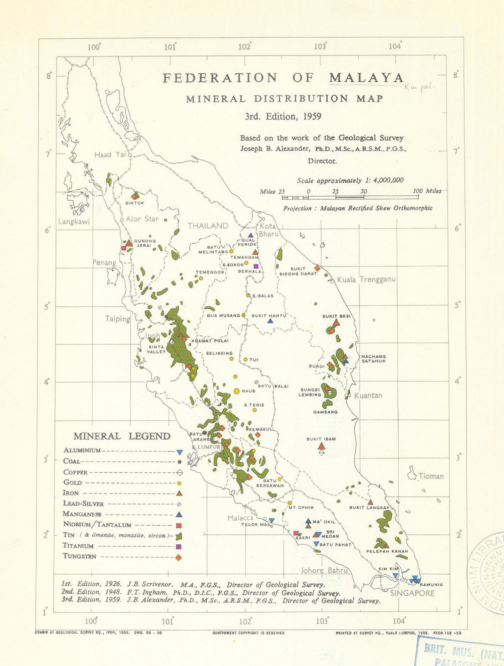 Federation of Malaya—Mineral Distribution Map—Joseph Alexander—3rd edition 1959