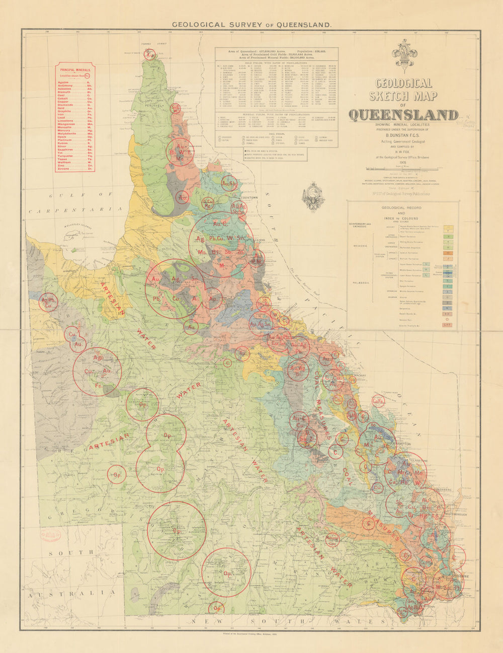 Geological Sketch Map of Queensland showing the mineral localities—Dunstan 1908