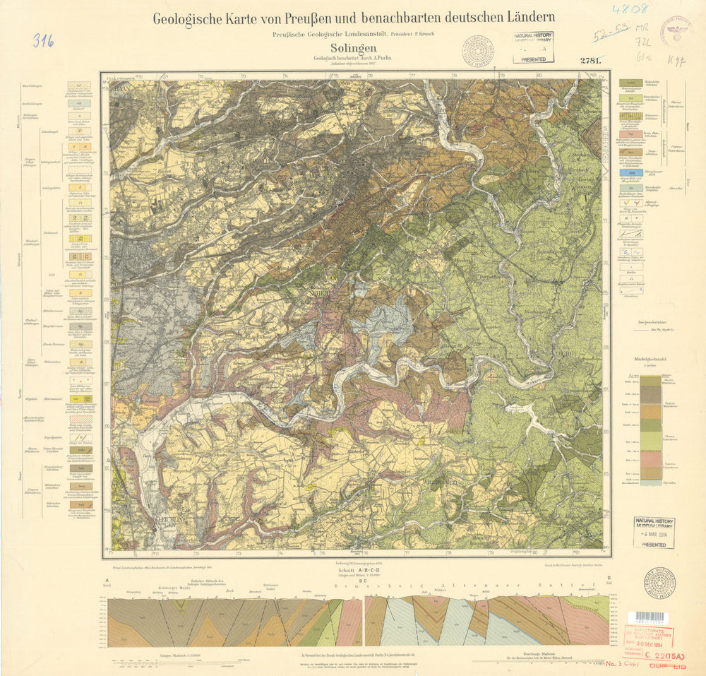 Geologische Karte von Preußen—Solingen—Nordrhein-Westfalen—Nazi stamp 1934 map