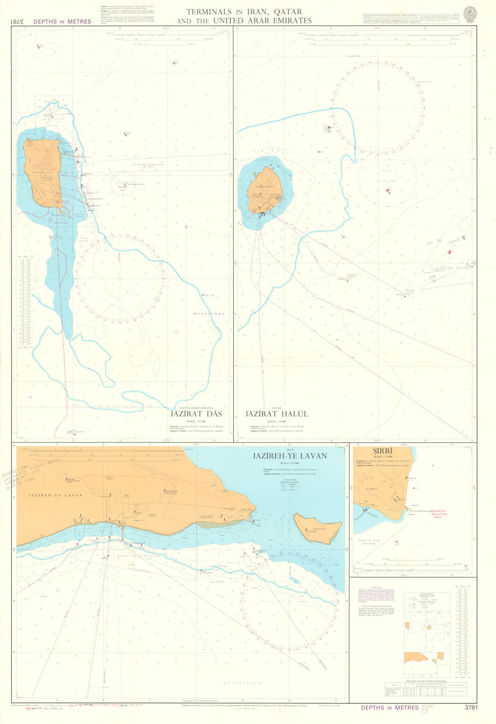 UAE Iran Qatar terminals—Jazirat Dās/Hālūl—#3781 Admiralty Chart 1982 (1994) map