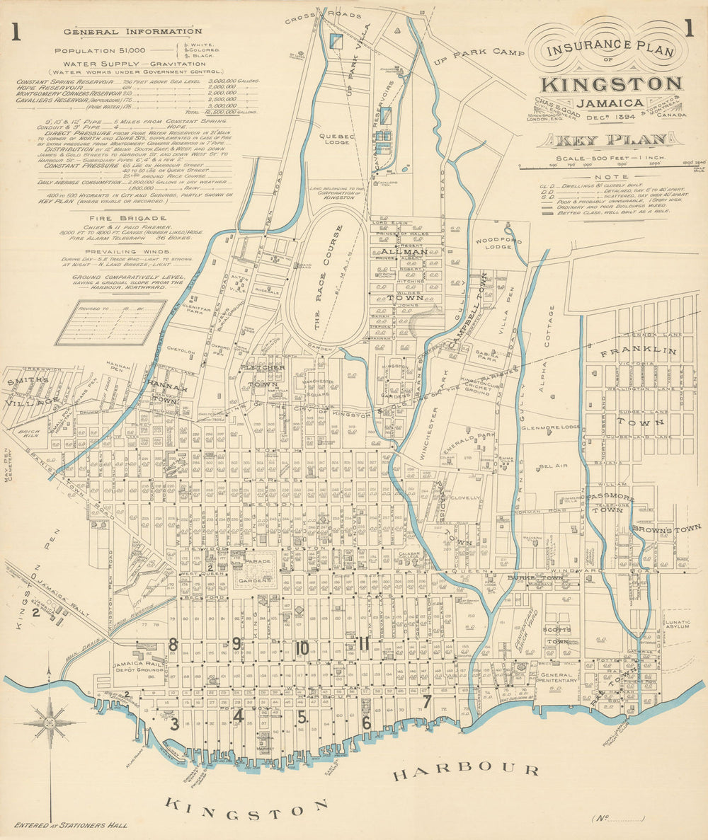 Insurance Plan of Kingston, Jamaica—Charles Goad—Fire insurance key map 1894