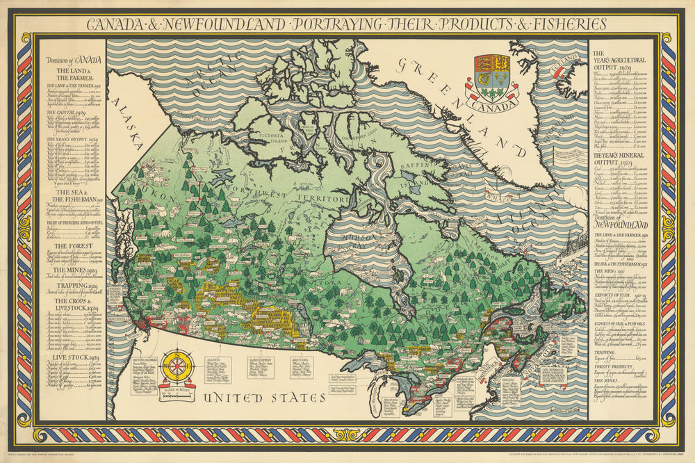Canada & Newfoundland Portraying… Products & Fisheries—Macdonald Gill 1930 map