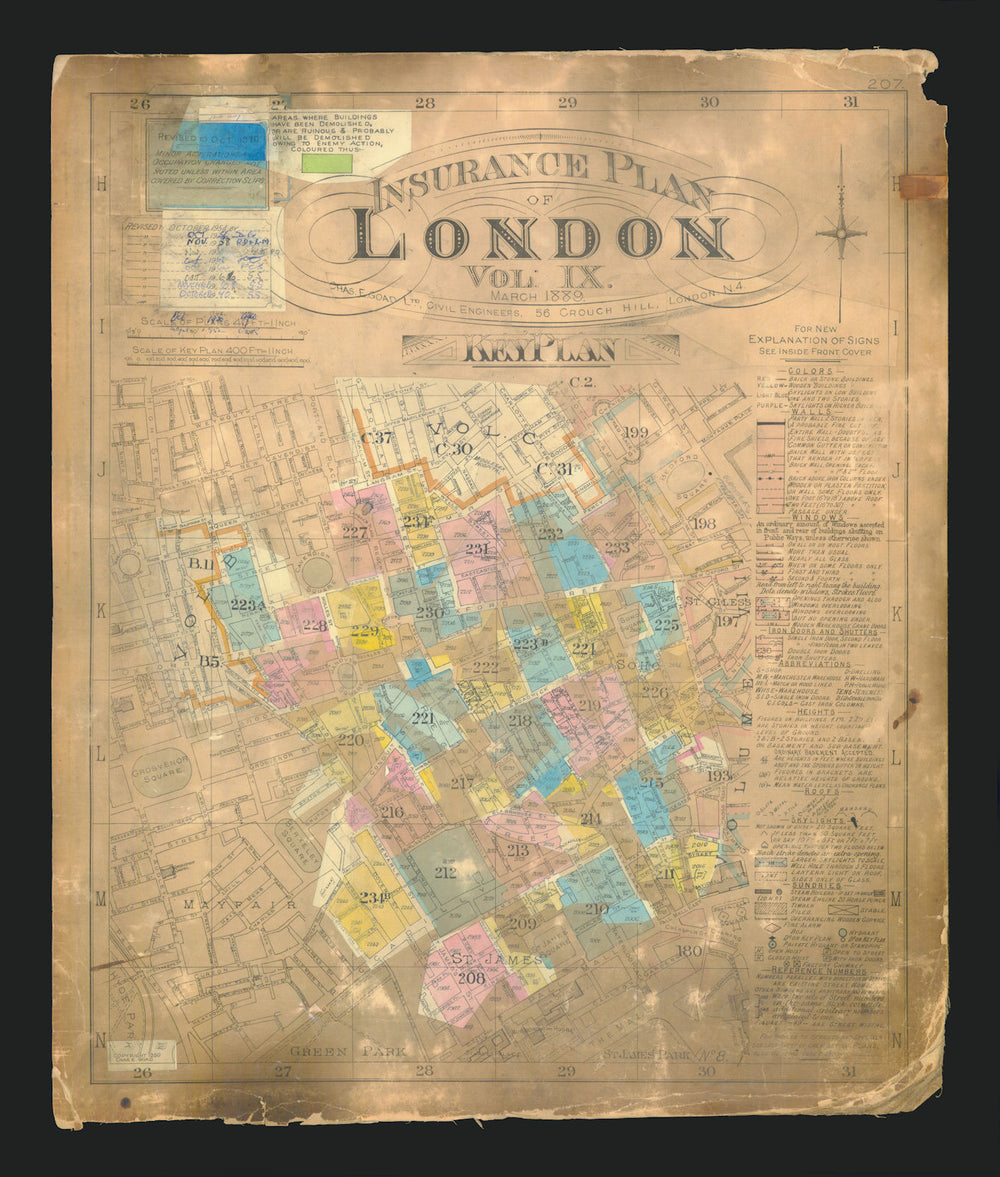 Goad London 207—W1/SW1—West End key plan—Mayfair—Soho—St James's 1889 (1970) map
