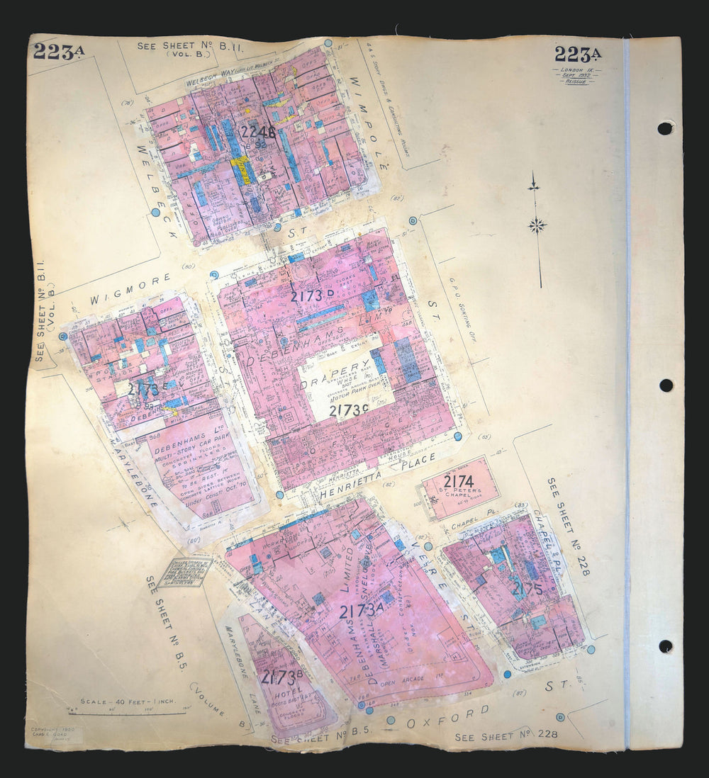 Goad London 223A—W1—Marylebone—Wigmore & Oxford Street—Debenhams 1932 (1970) map