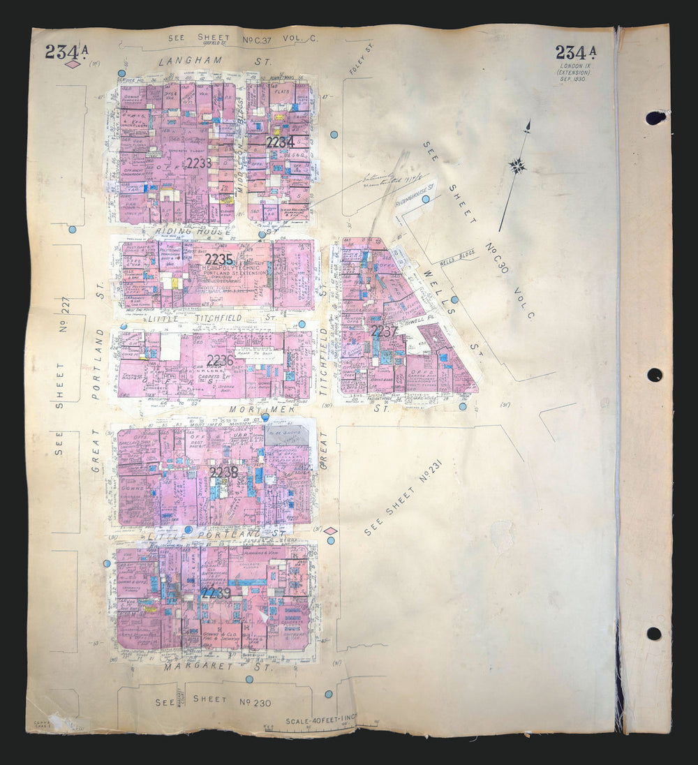 Goad London 234A—W1—Fitzrovia—Mortimer & Great Portland Streets 1930 (1970) map