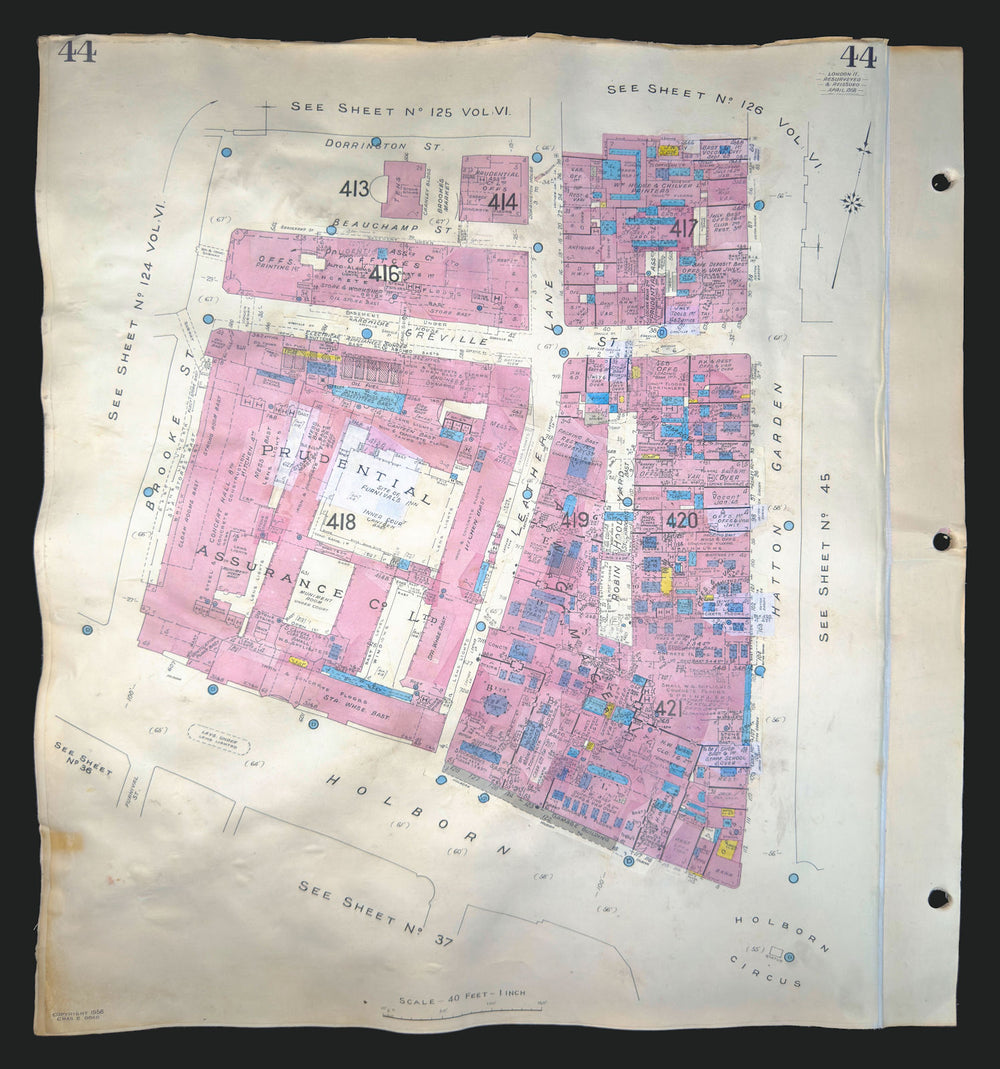 Goad London 44—EC1—Holborn—Hatton Garden—Leather Lane—Prudential 1958 (1969) map