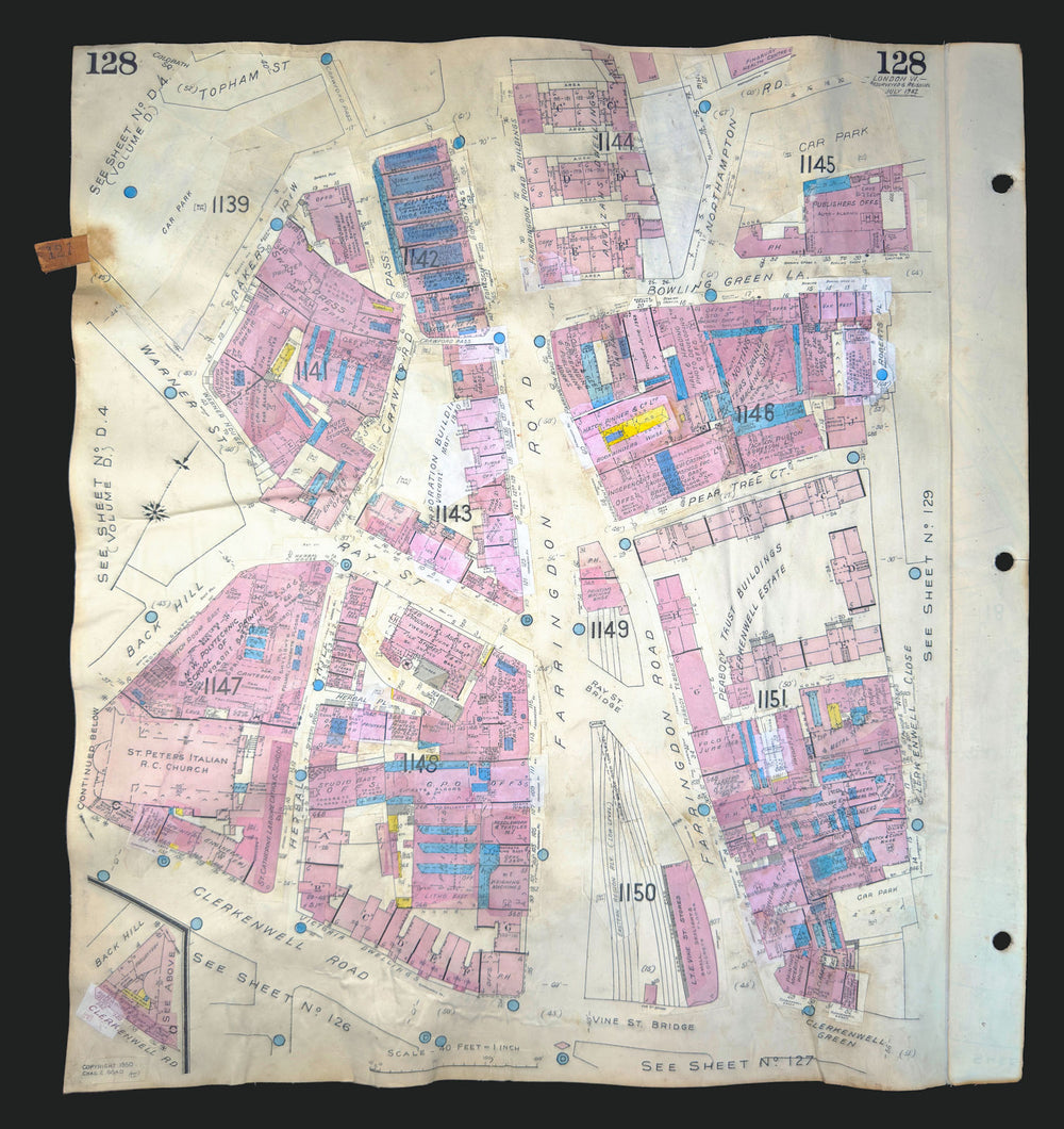 Goad London 128—EC1—Clerkenwell—St Peter's Italian Church—Ray St 1942 (1970) map