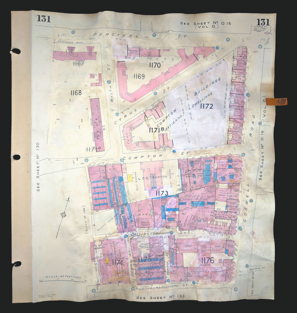 Goad London 131—EC1—Clerkenwell—Goswell Road—Compton Street 1936 (1970) map