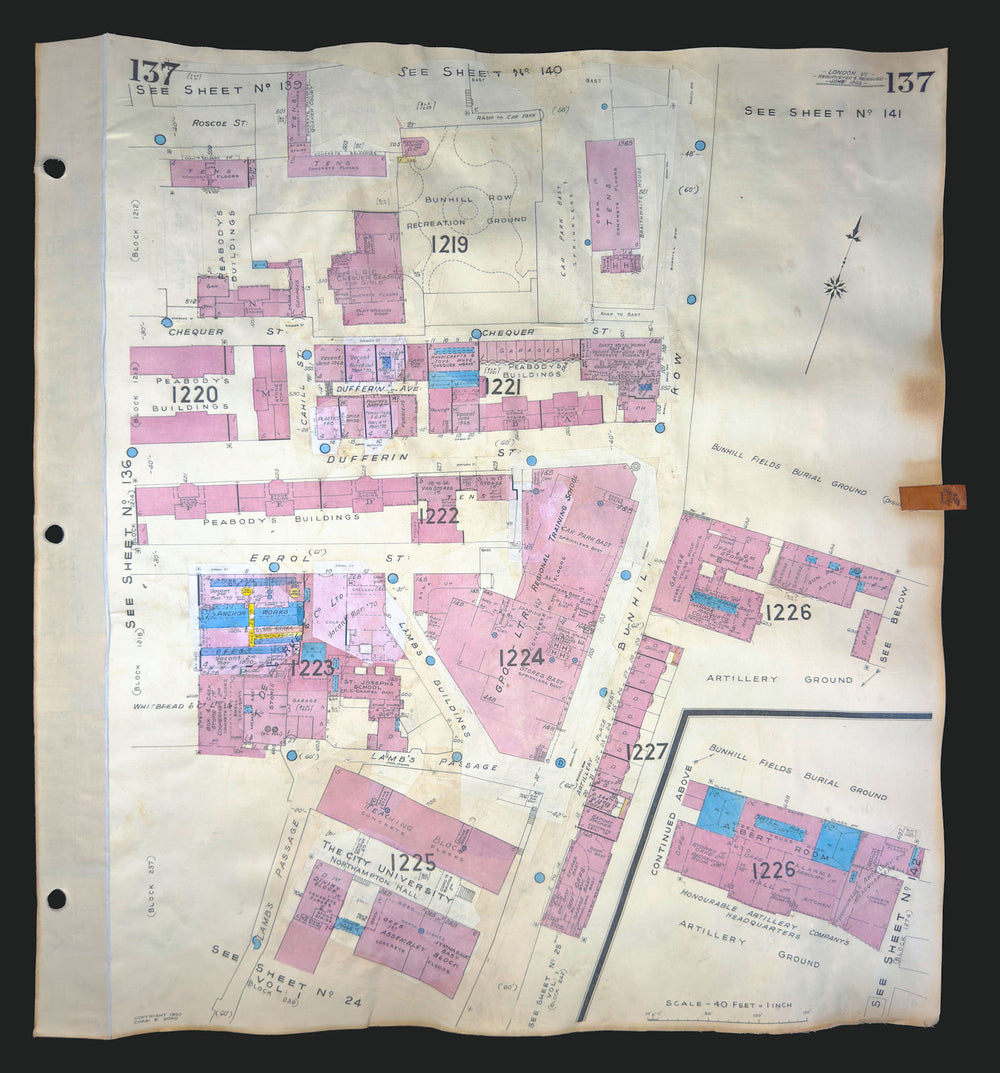 Goad London 137—EC1—Finsbury—Bunhill Fields—Bunhill Row—HAC HQ 1960 (1970) map