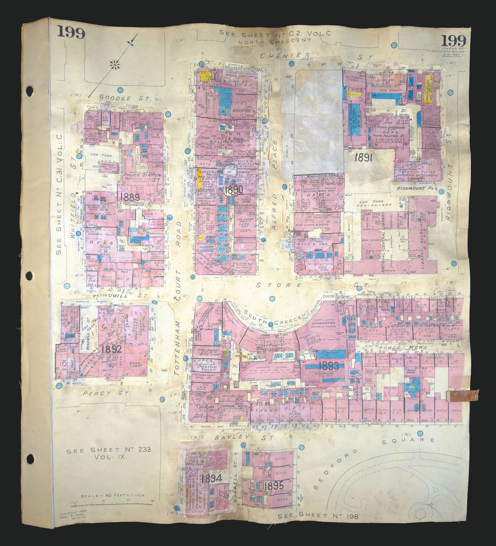 Goad London 199—WC1/W1—Bloomsbury—Tottenham Court Rd—Bedford Sq 1940 (1970) map