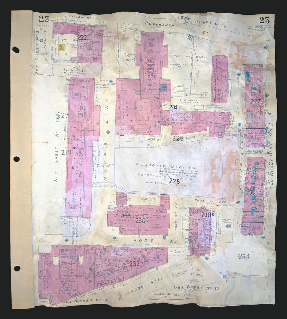 Goad London 23—EC2—Moorgate Stn—London Wall—Moor Lane—Fore St 1939 (1970) map