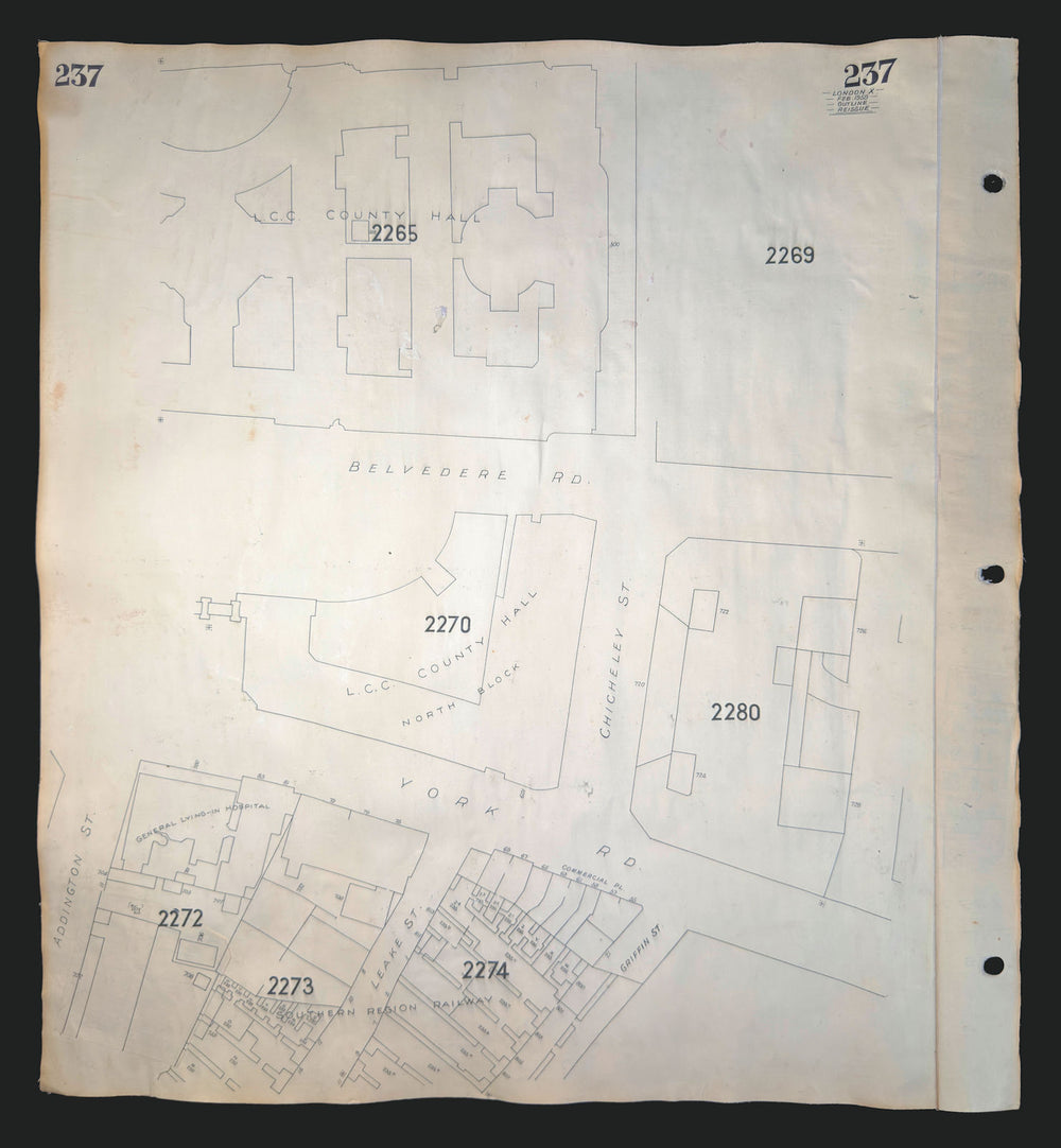 Goad London 237—SE1—Waterloo—County Hall—York Road—Lying-in Hospital 1959 map