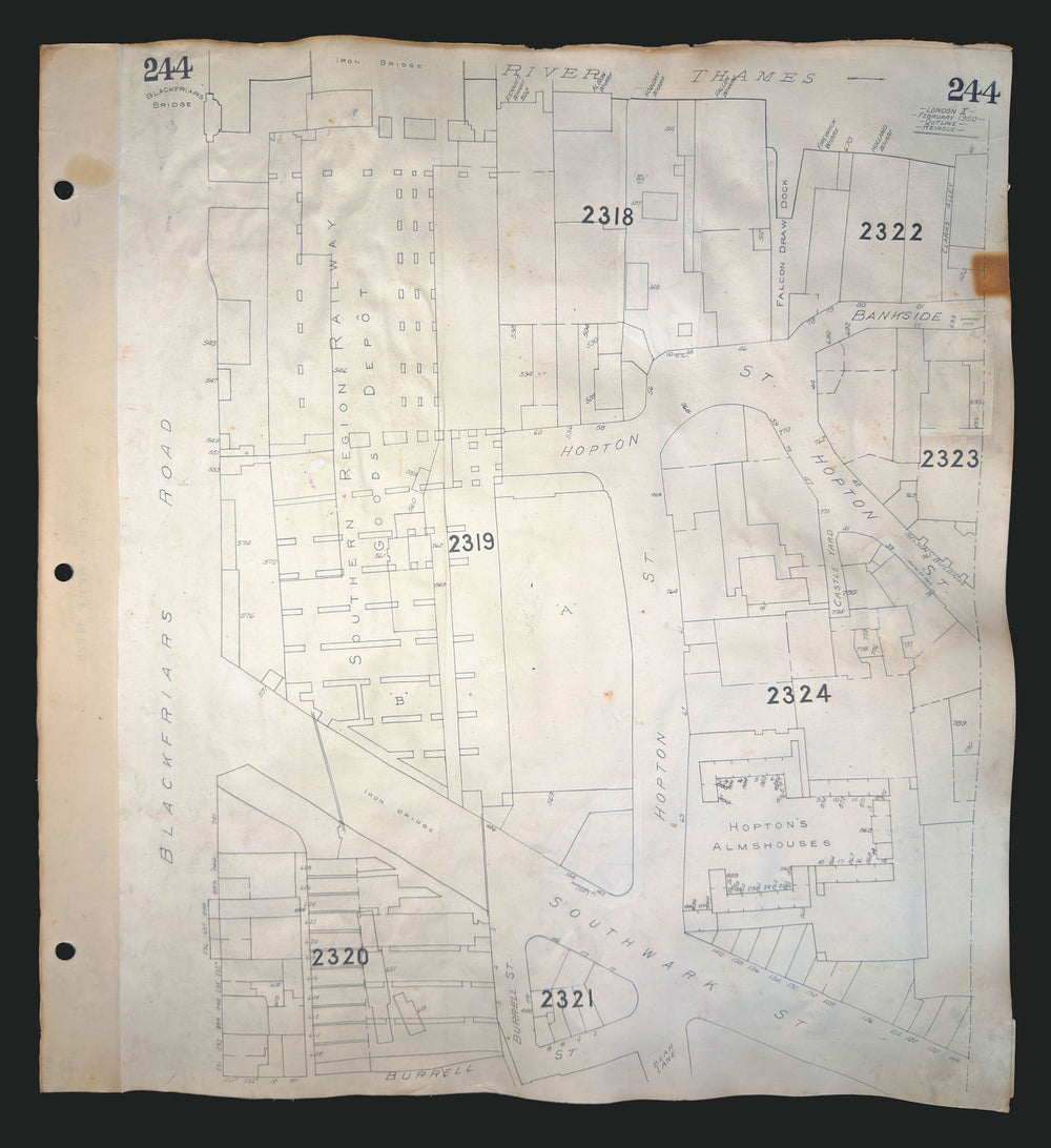Goad London 244—SE1—Bankside—Hopton's Almshouses—Railway goods depot 1950 map