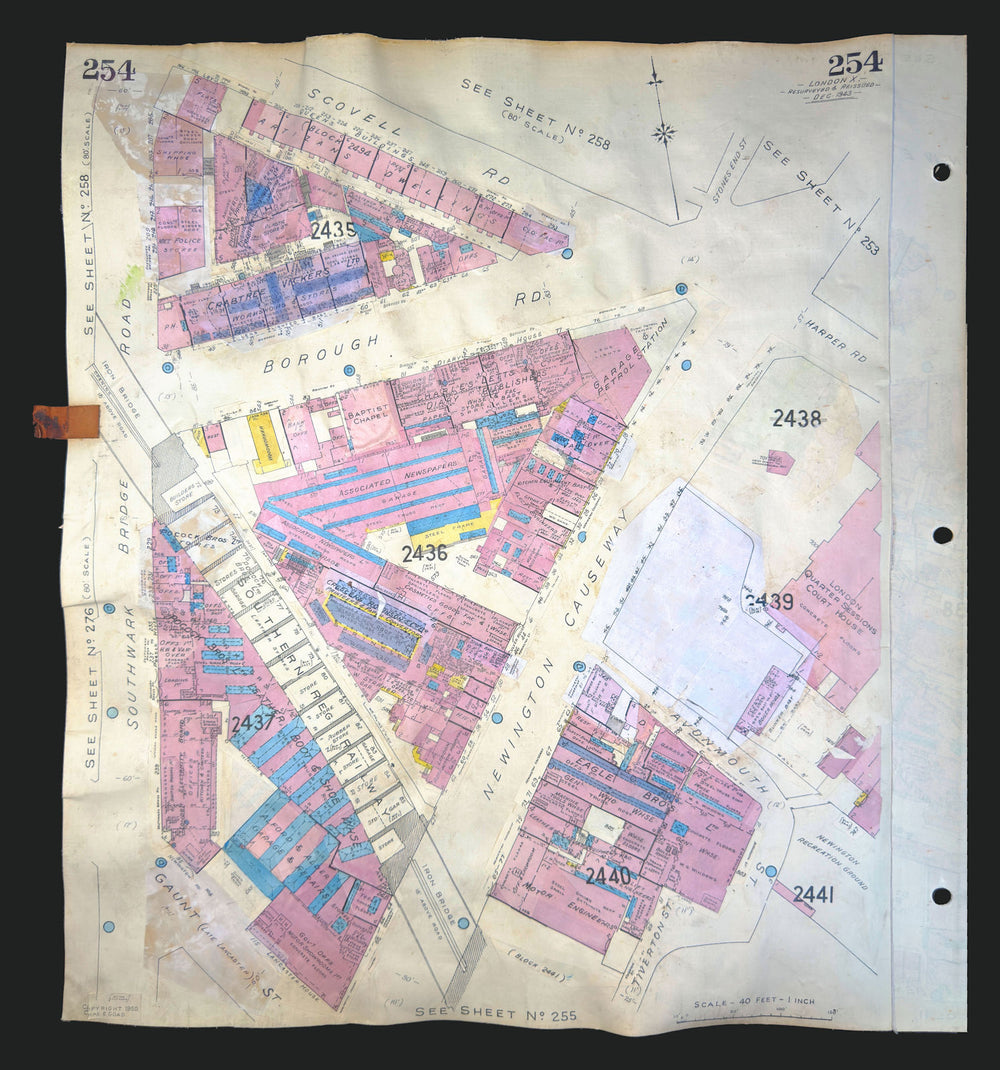 Goad London 254—SE1—Newington Causeway—Borough Rd—Sessions House 1943 (1965) map
