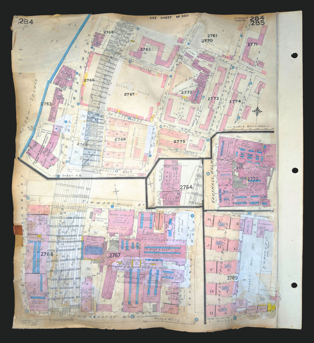 Goad London 284–285—SE1/SE11—Albert Embankment—Vauxhall Walk 1889 (1971) map