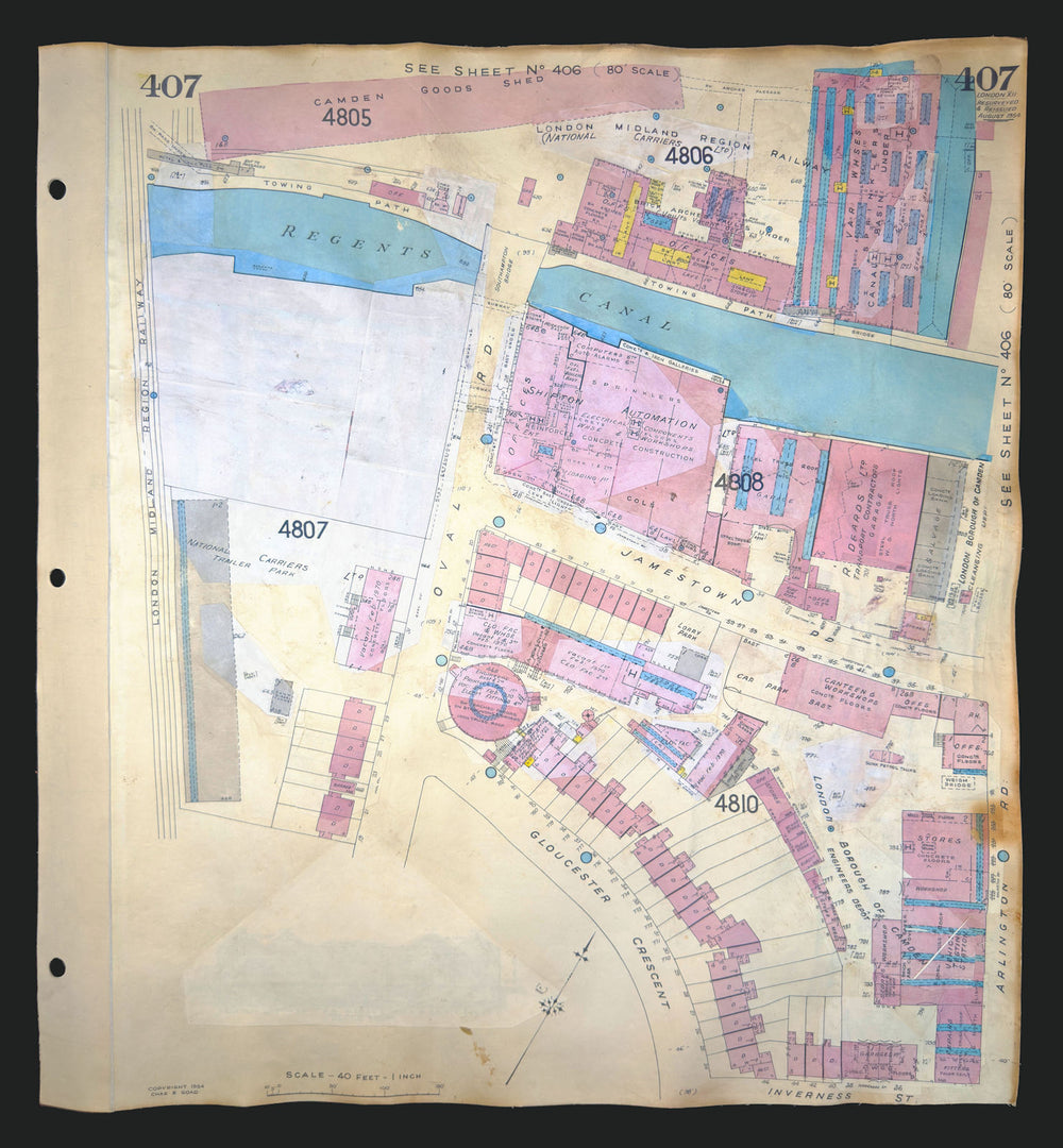 Goad London 407—NW1—Camden Town—Regent's Canal—Oval Road 1954 (1970) old map